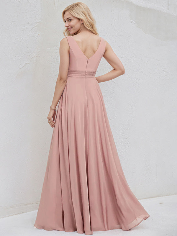 Dusty Rose Chiffon A Line V Neck Sleeveless Floor Length Bridesmaid Dress