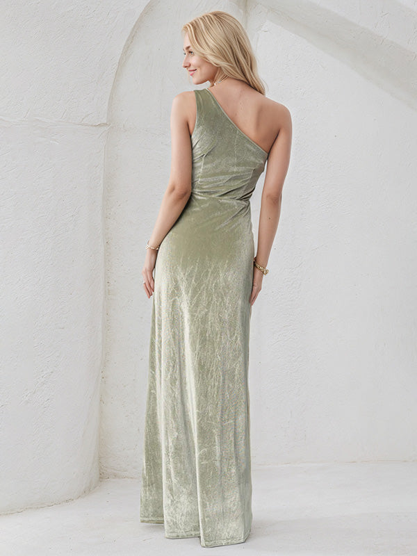 Sage Sheath/Column Velvet One Shoulder Sleeveless Floor Length Dress With High Slit
