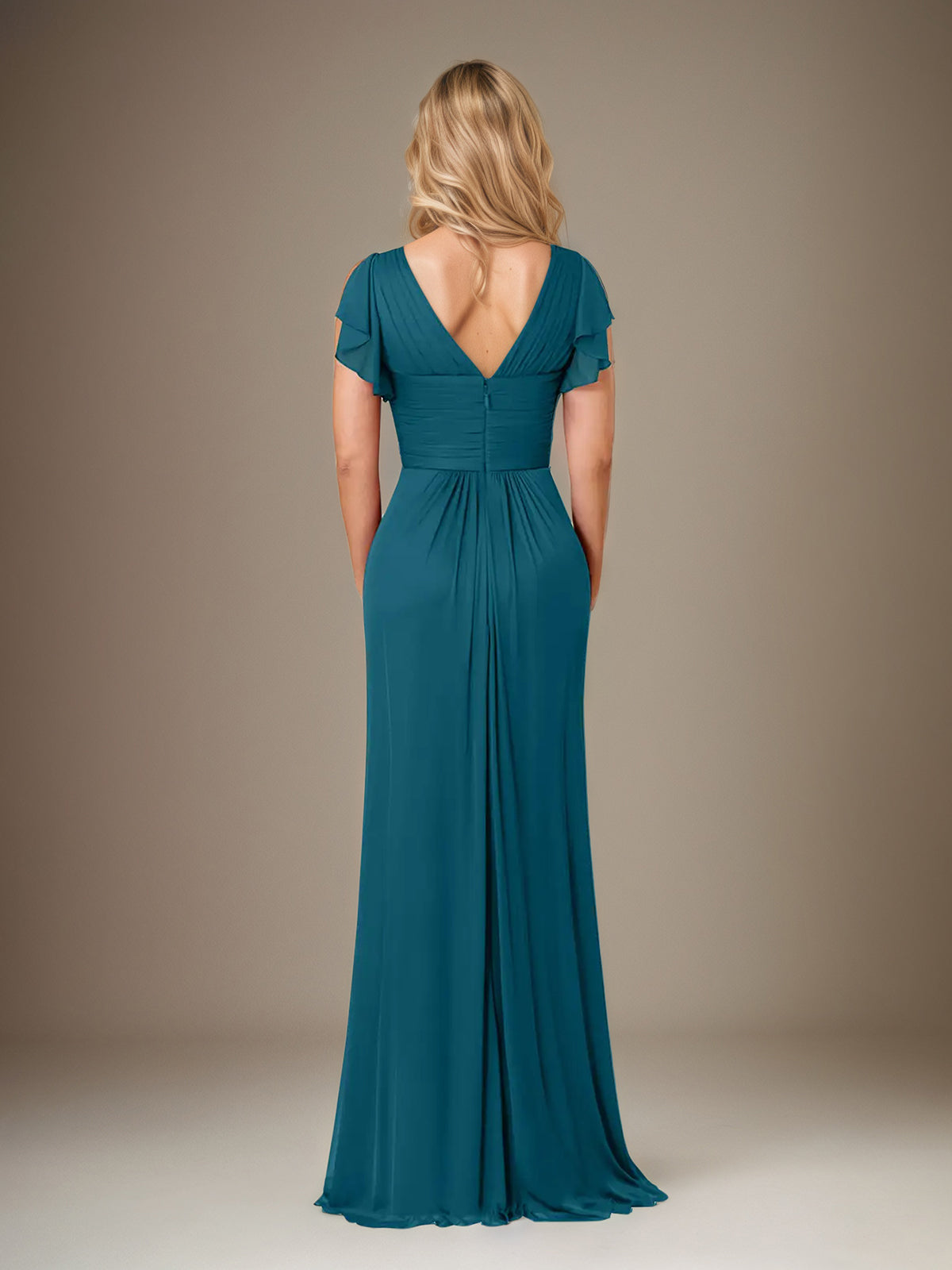 A-Line Chiffon V-Neck Short Sleeves Floor-Length Mother of the Bride Dresses With Ruffles - View 2 | FashionDia