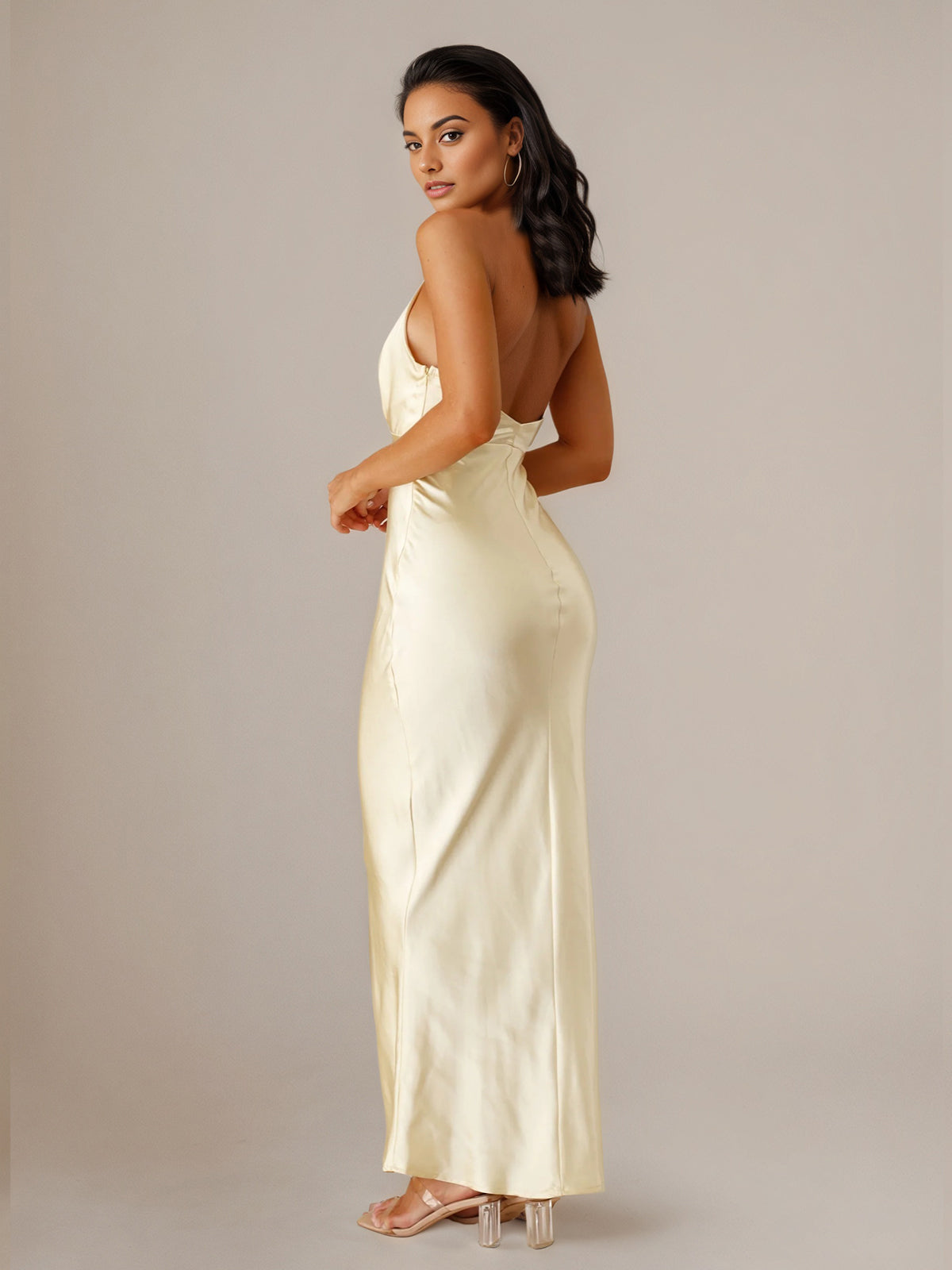 Yellow Satin Sheath/Column V Neck Sleeveless Floor Length Bridesmaid Dresses