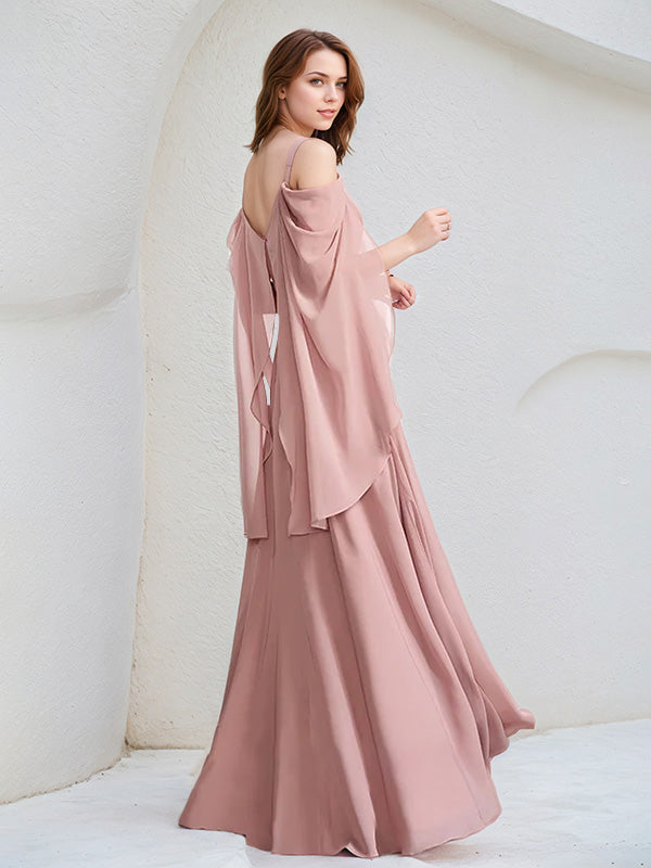 Dusty Rose Chiffon A Line Spaghetti Straps Floor Length Bridesmaid Dress