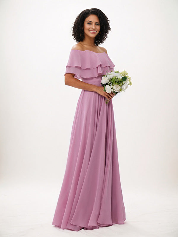 Wisteria A-Line Chiffon Ruffles Off-The-Shoulder Sleeveless Floor-Length Bridesmaid Dresses - View 5 | FashionDia