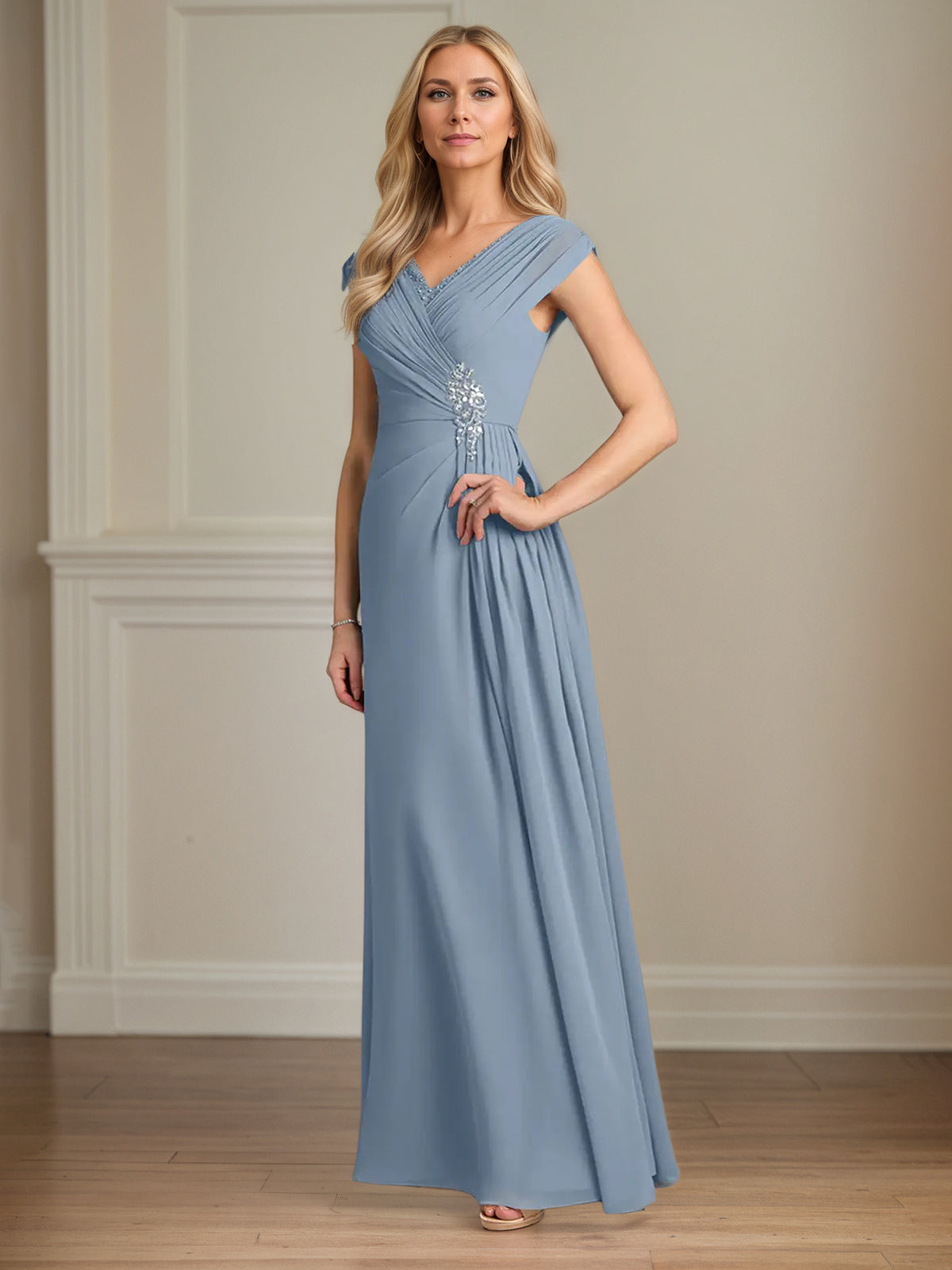 A-Line Chiffon V-Neck Cap Sleeves Floor-Length Mother of the Bride Dresses - View 4 | FashionDia