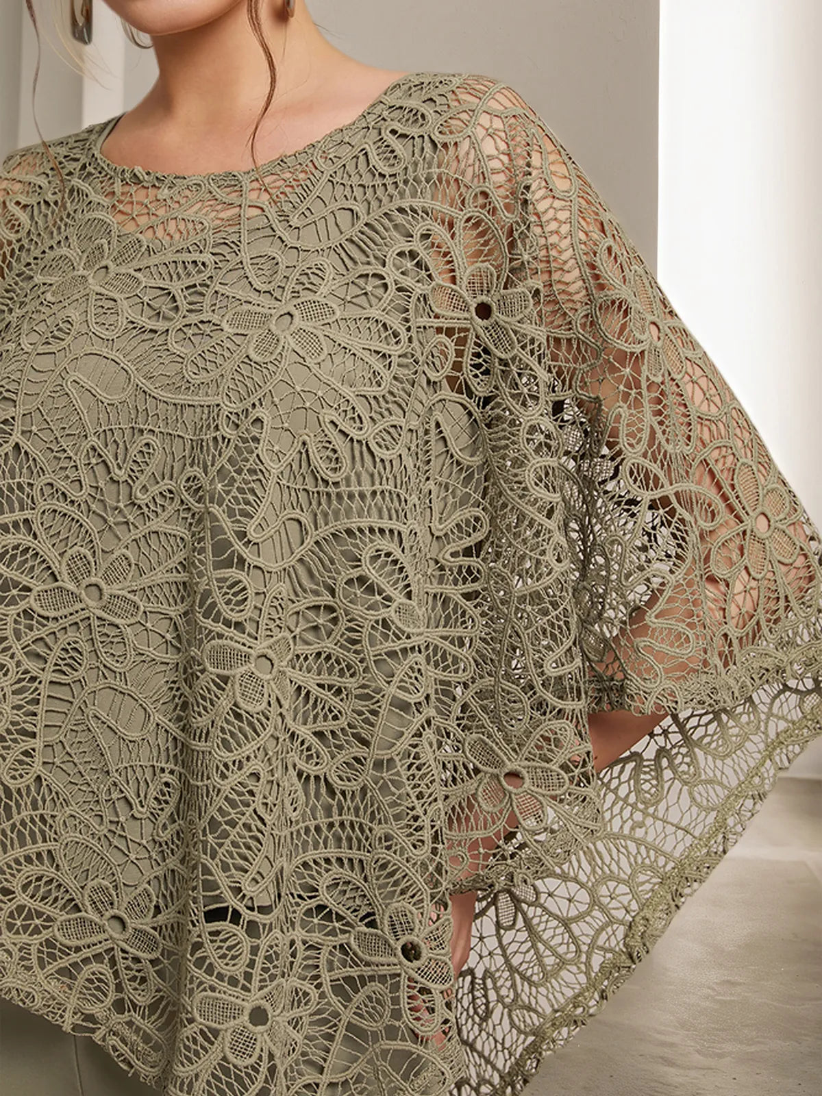 Army Green Women Lace Crew Neck Sleeve Chiffon Two-Piece Set