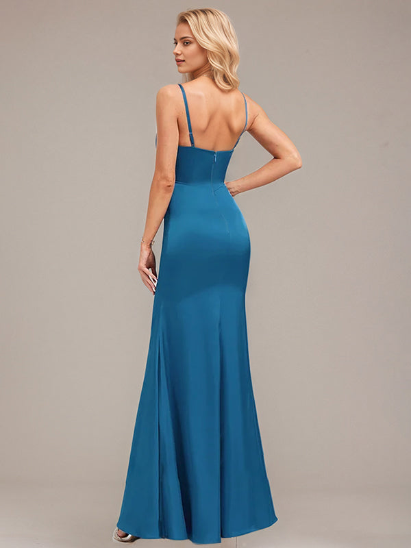 Trumpet/Mermaid Spaghetti Straps Floor-Length Satin Bridesmaid Dress With Ruffle