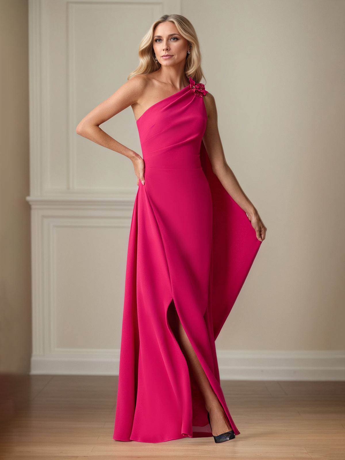 Lipstick Stretch Crepe Sheath/Column One Shoulder Floor Length Mother of the Bride Dresses