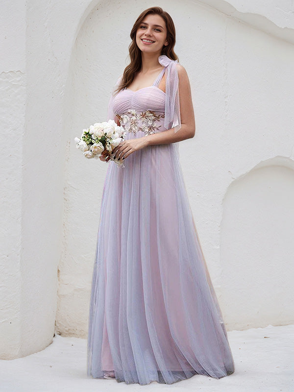 Pink Tulle A-Line Spaghetti Straps Sleeveless Floor-Length Bridesmaid Dress With Applique - View 4 | FashionDia