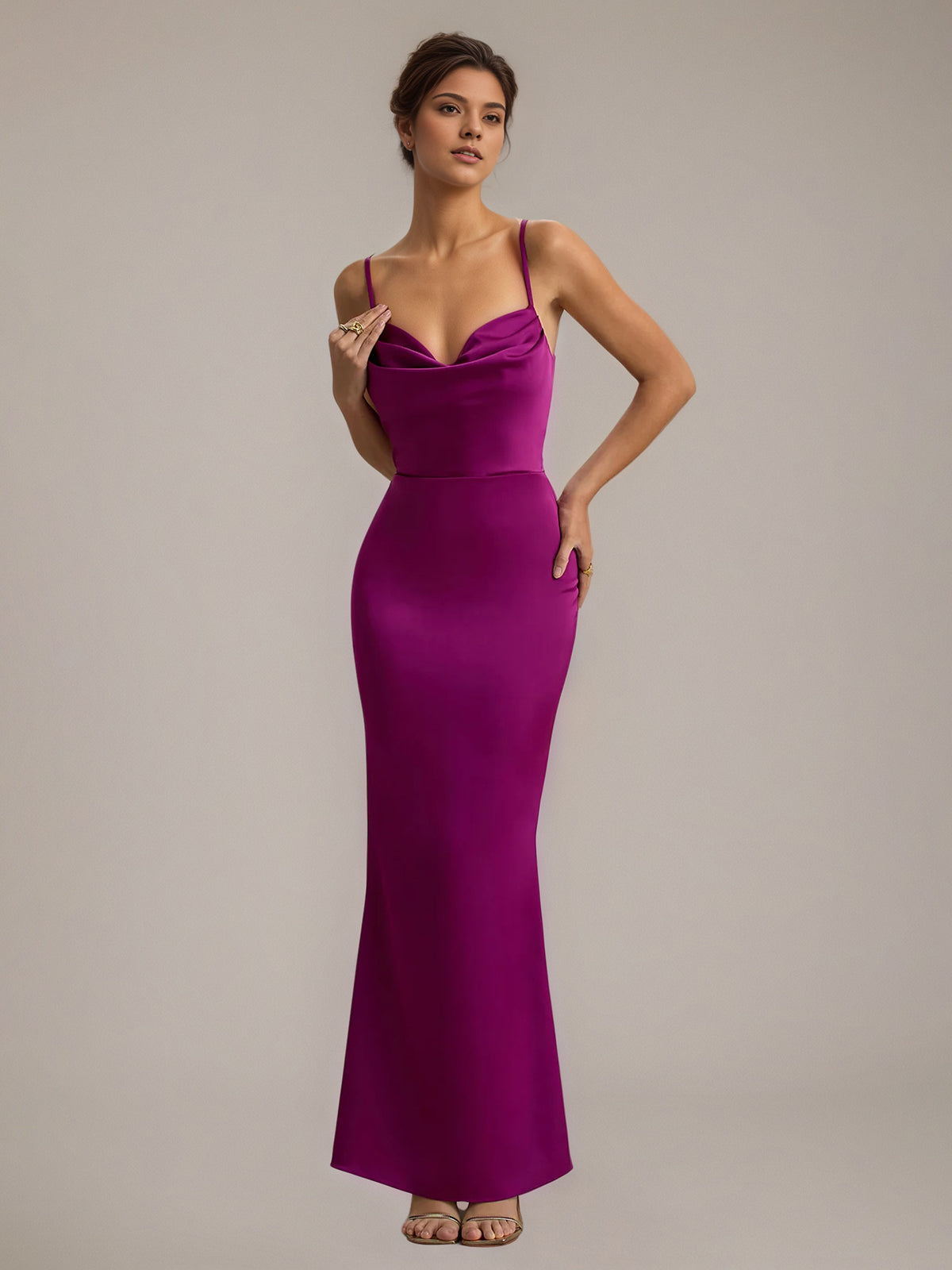 Dark Pink Satin Sheath/Column Spaghetti Straps Sleeveless Floor-Length Dress - View 4 | FashionDia