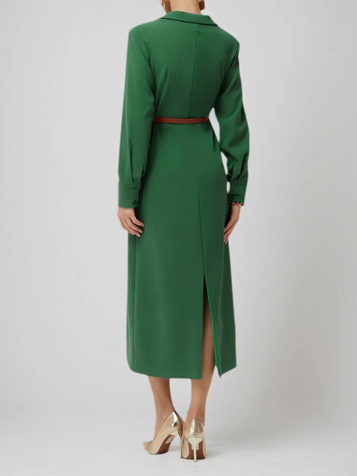Green Lapel Collar Long Sleeve Sheath/Column Shirt Midi Dress