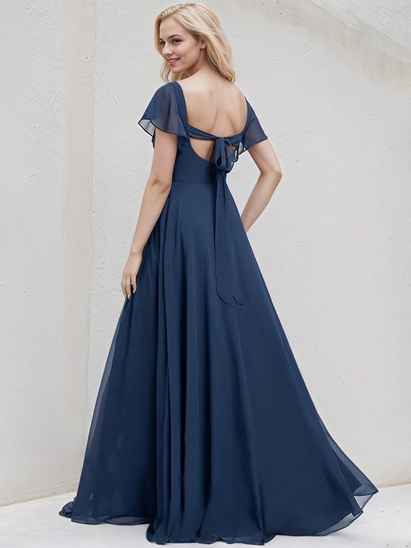 Navy Blue Chiffon A-Line V-Neck Short Sleeves Floor-Length Bridesmaid Dress - View 2 | FashionDia