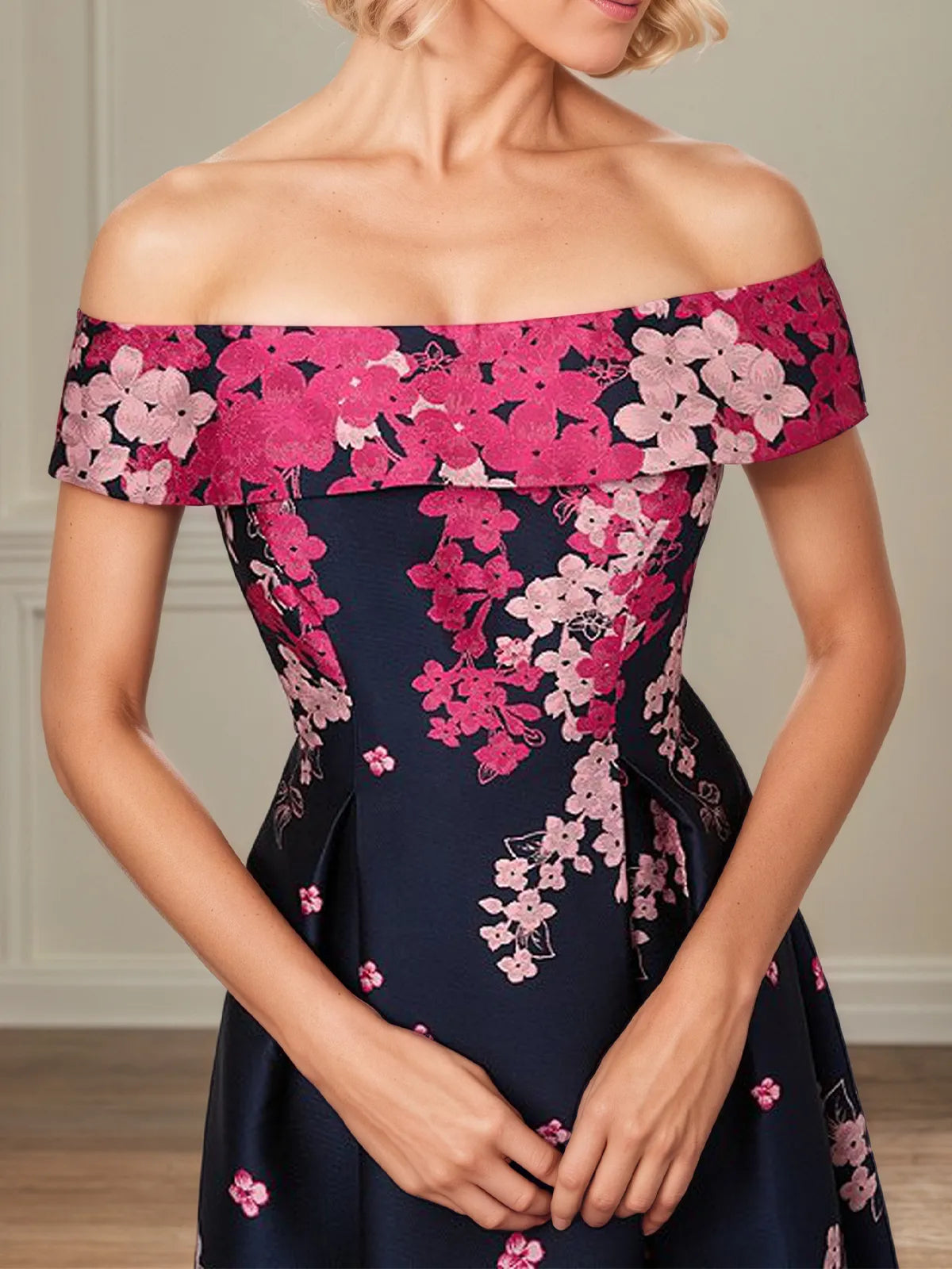 A-Line Off-the-Shoulder Ankle Length Satin Floral Mother of the Bride Dress - View 6 | FashionDia