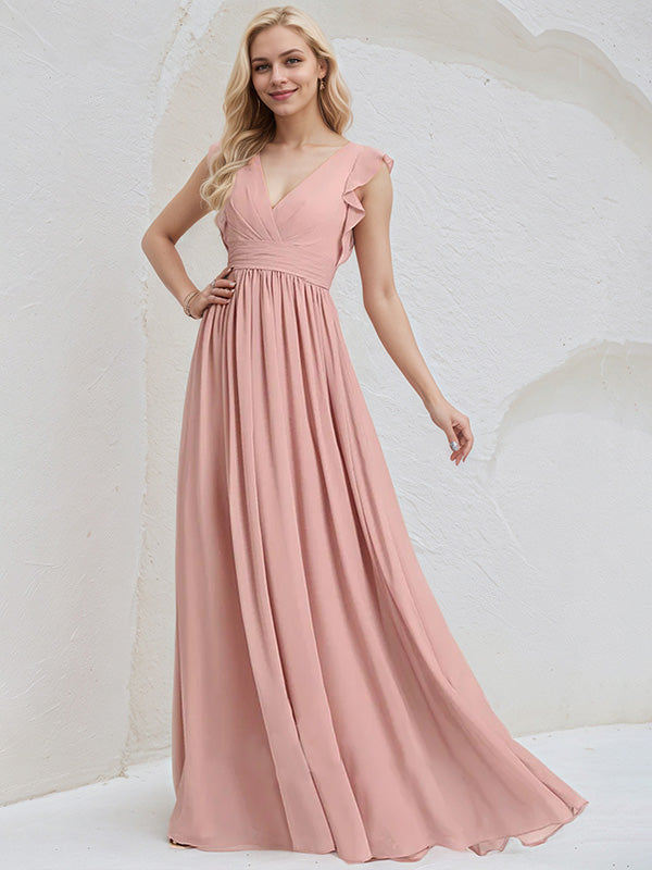Dusty Rose Chiffon A-Line V-Neck Sleeveless Floor-Length Bridesmaid Dress With Ruffle - View 4 | FashionDia