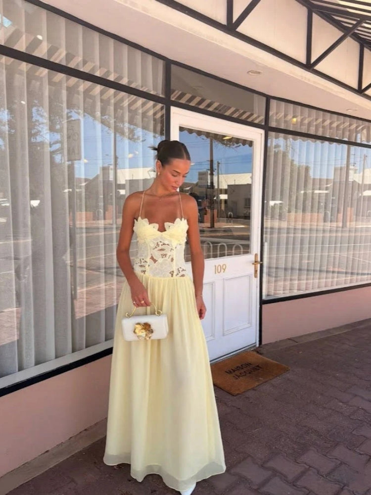 Creamy Yellow Lace Appliqu�� Chiffon Maxi Dress