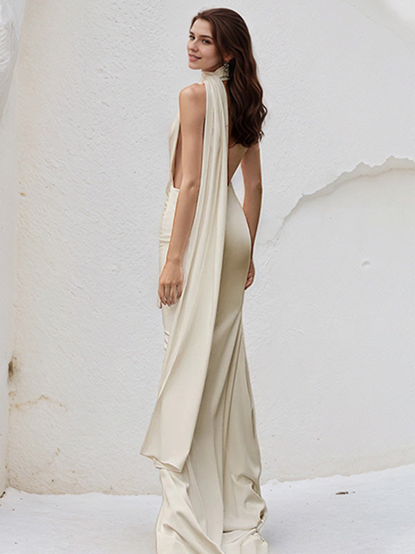 Ivory Satin Trumpet/Mermaid Halter Neck Floor-Length Bridesmaid Dress - View 3 | FashionDia
