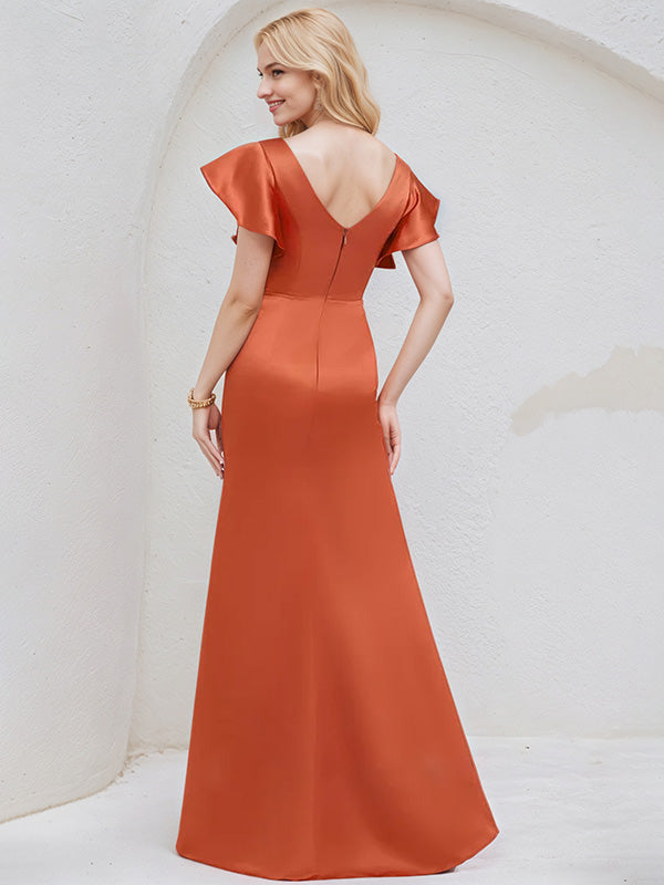 Vermilion Satin A-Line V-Neck Short Sleeves Floor-Length Bridesmaid Dress With Ruffle - View 2 | FashionDia