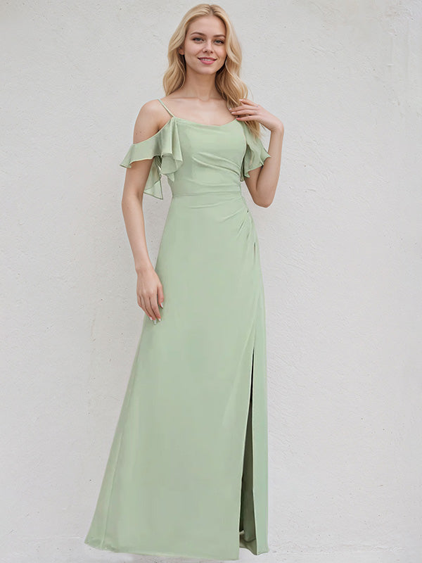 Celadon Chiffon A Line Spaghetti Straps Floor Length Bridesmaid Dress With Ruffle