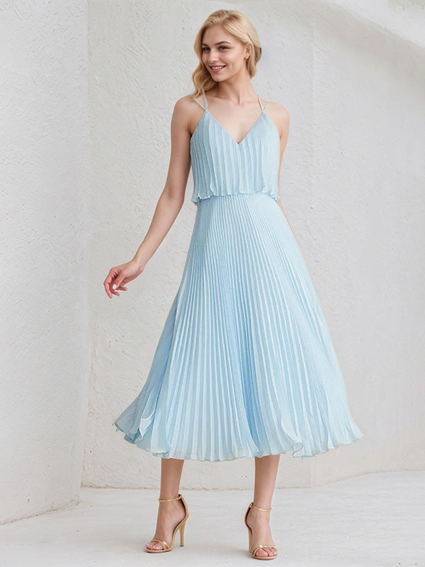 Sky Blue A-Line V-Neck Tea-Length Chiffon Cocktail Dress With Pleated - View 3 | FashionDia