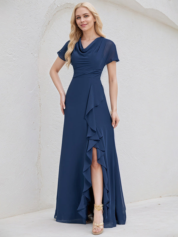 Navy Blue Chiffon A Line V Neck Asymmetrical Bridesmaid Dress With Ruffle