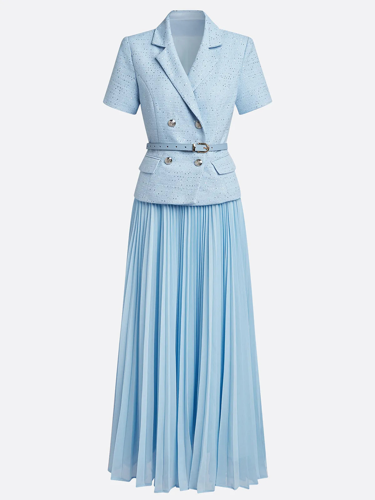 Women Light Blue Tweed Pleated Buckle Lapel Collar Short Sleeve Dressy Top With Skirt Two-Piece Set