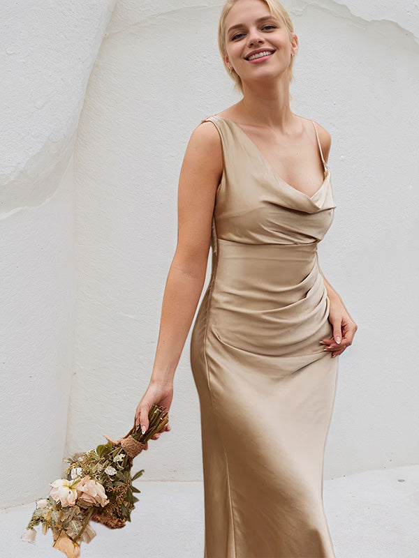 Champagne Satin Sheath/Column Asymmetrical Floor Length Bridesmaid Dress