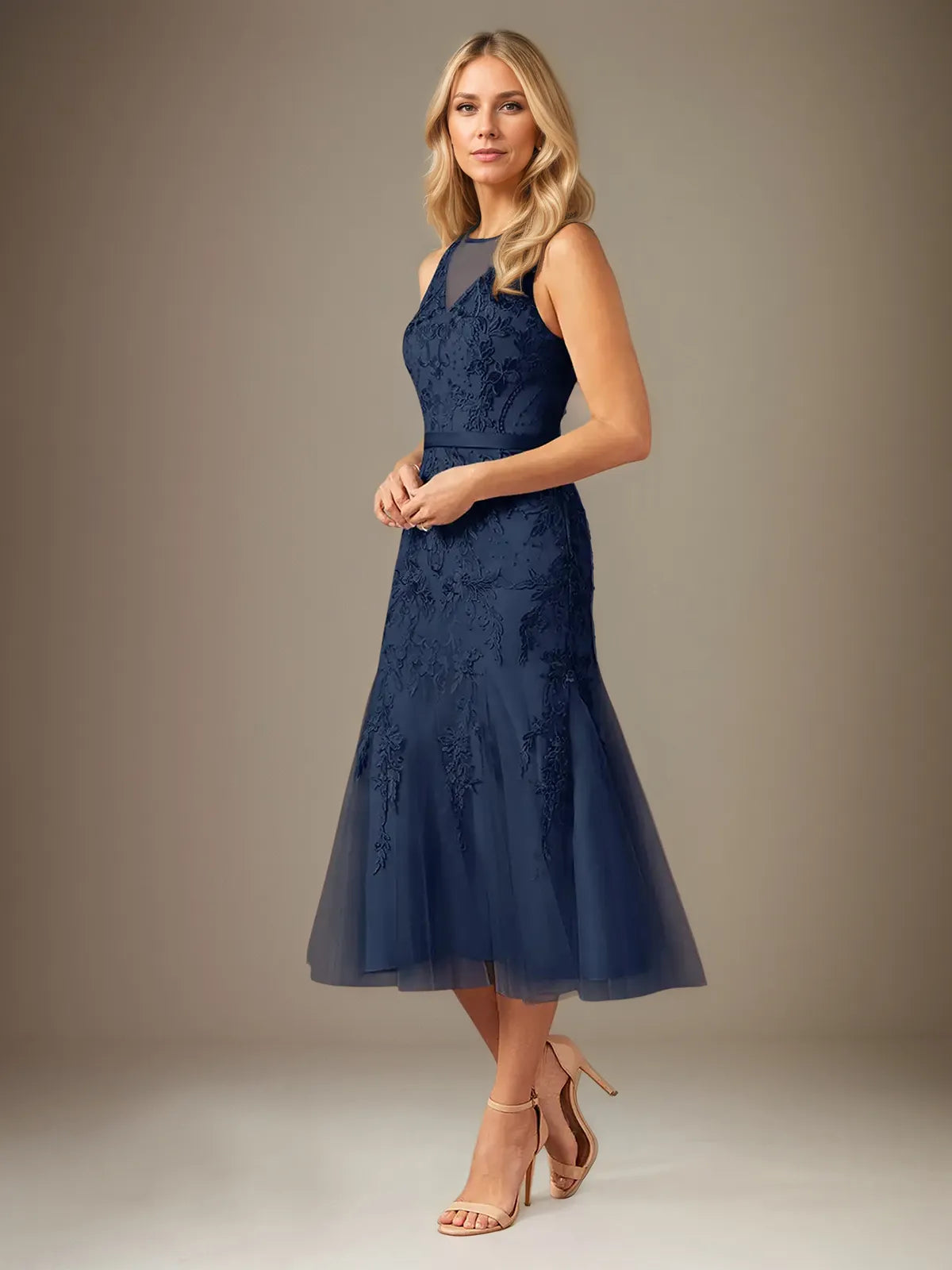Sheath/Column Lace Scoop Neck Sleeveless Tea Length Dress