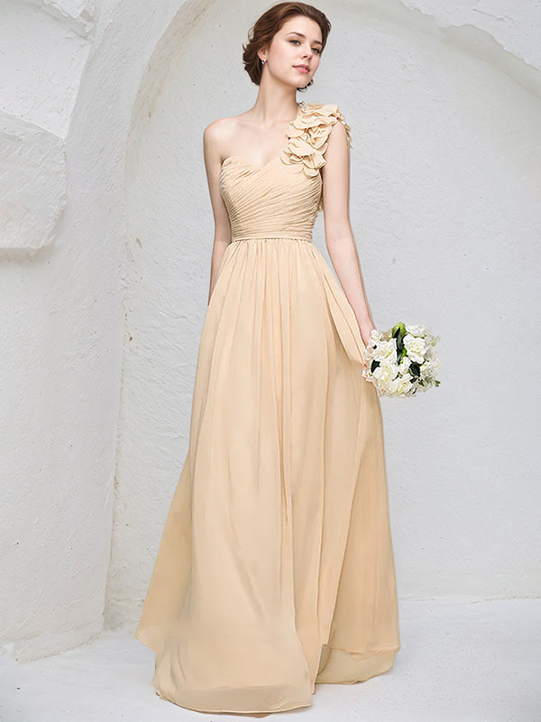 Champagne Chiffon A Line One Shoulder Sleeveless Floor Length Bridesmaid Dress With 3D Floral Ruffle