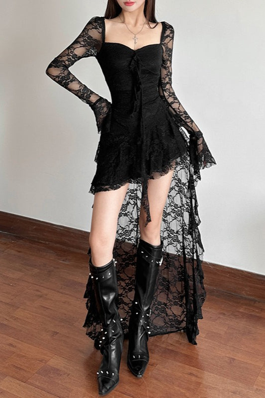 Long Sleeve Irregular Hem Lace Dress - VelvetHem