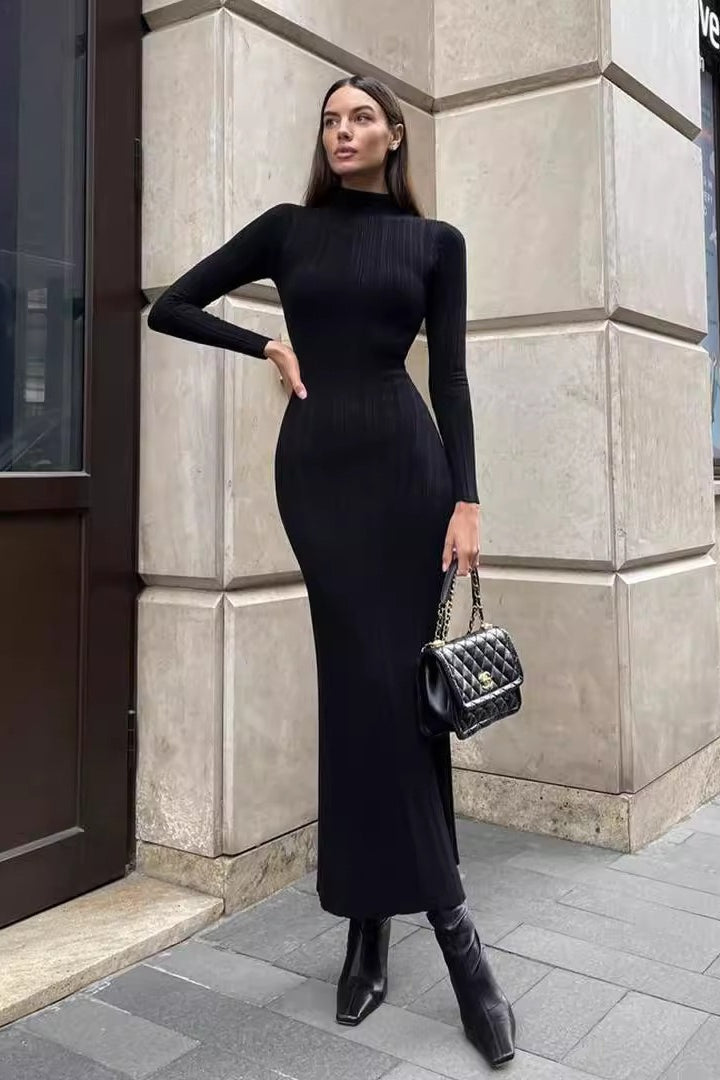 Turtleneck Striped Knit Slim-Fit Long Sleeve Sweater Dress - View 7 | VelvetHem