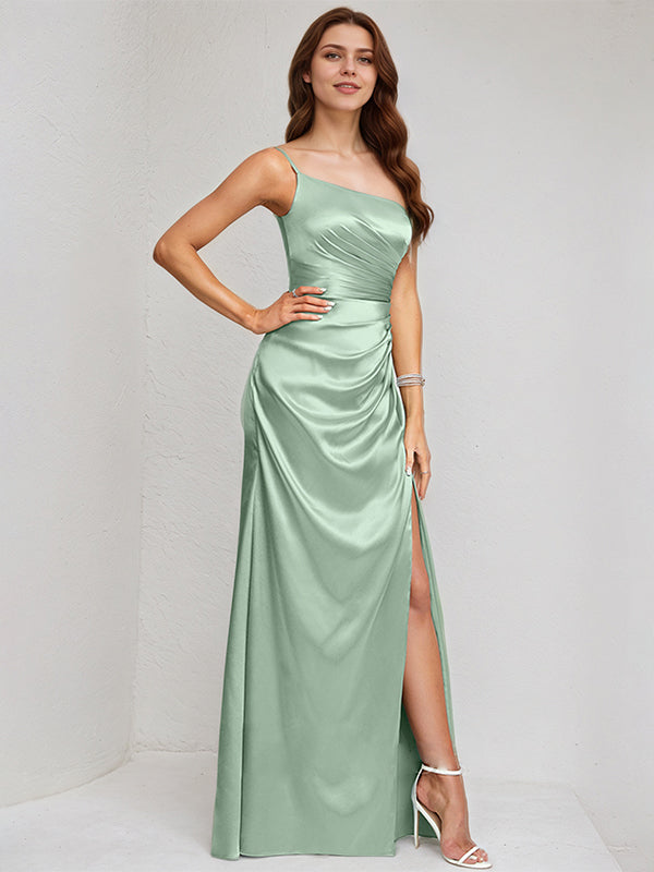 Agave Satin A Line One Shoulder Sleeveless Floor Length Bridesmaid Dress