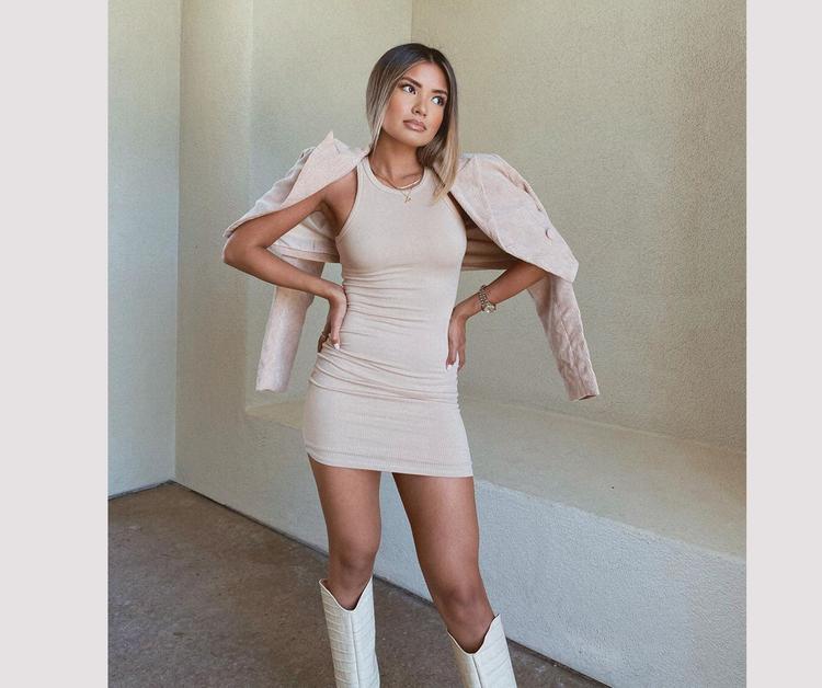 Ribbed Knit Crew Neck Bodycon Mini Dress - Fashionpara