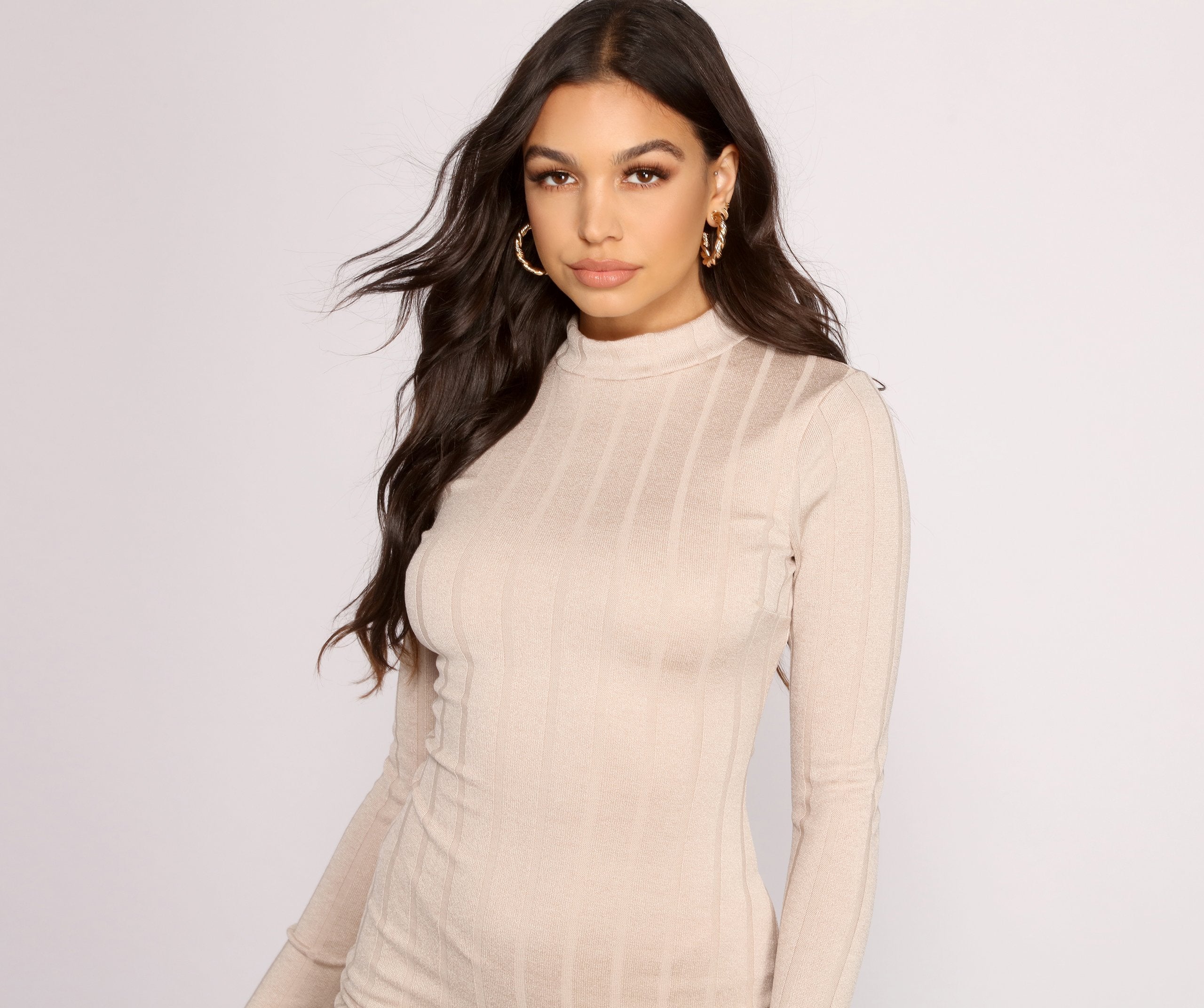 Basic Side Slit Ribbed Knit Mini Dress - Fashionpara