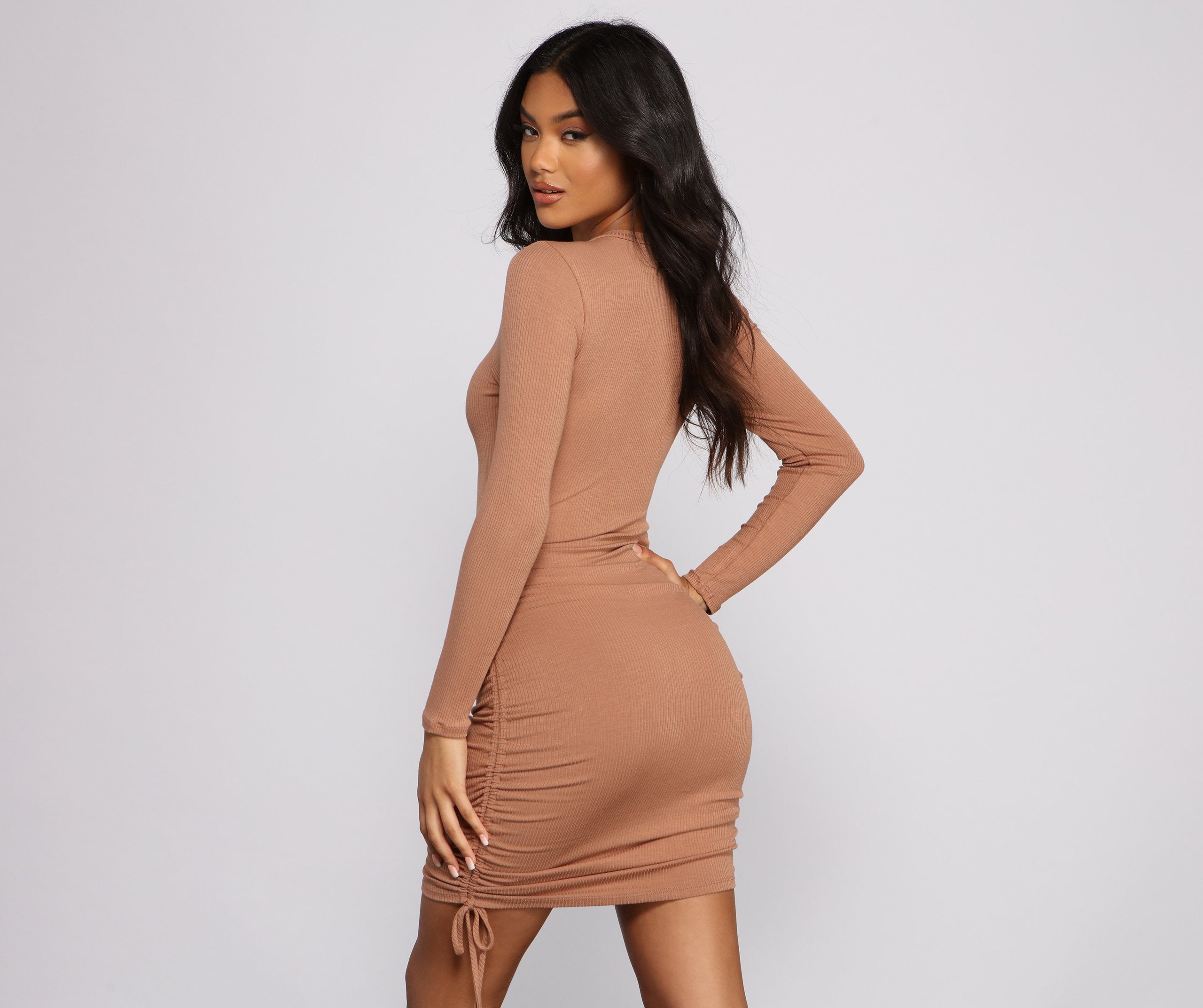 Ruched And Ribbed Knit Crew Neck Mini Dress - Fashionpara