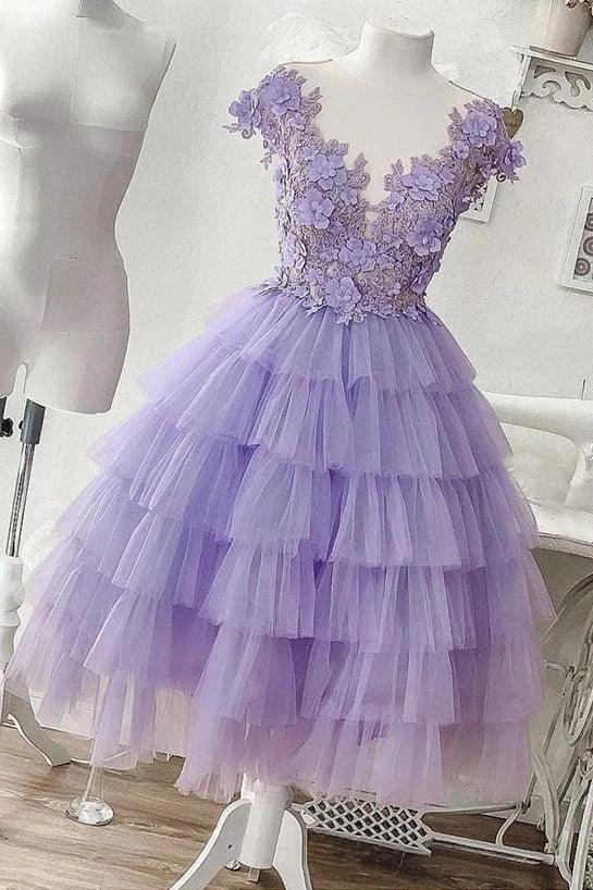 A-line Applique Lilac Tulle Short Homecoming Dresses With Layered by Ombreprom