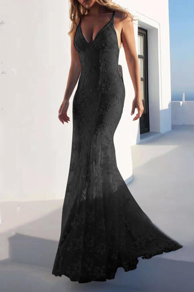 Sexy Solid Color Lace Backless Patchwork V Neck Evening Dresses(3 Colors) - View 2 | VelvetHem