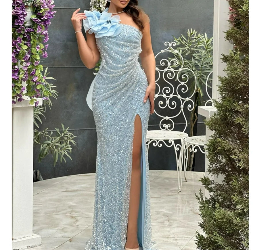 Sequin Beading One Shoulder Prom Dress - VelvetHem