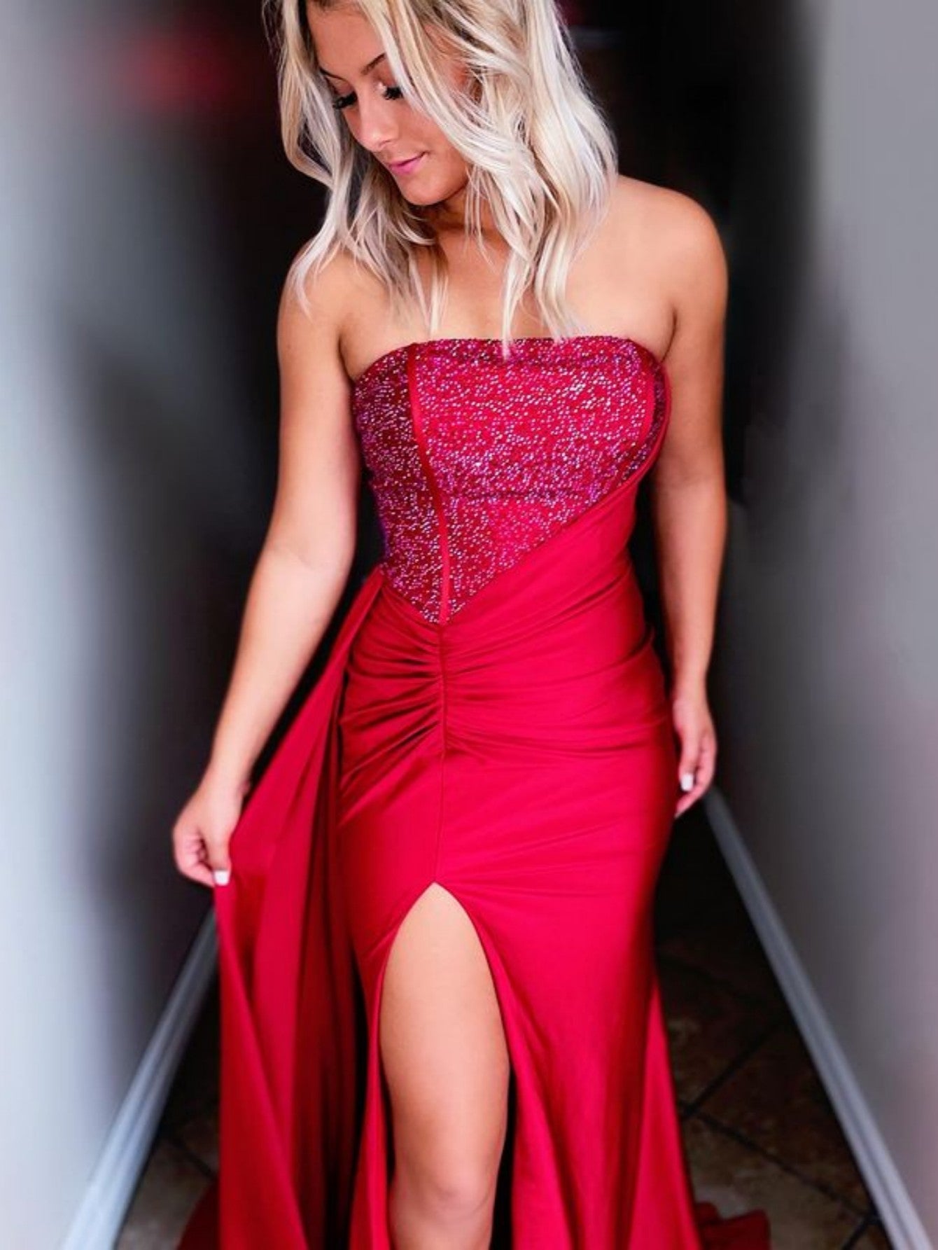 Red Strapless Satin Long Prom Dress with Slit - Fashionpara