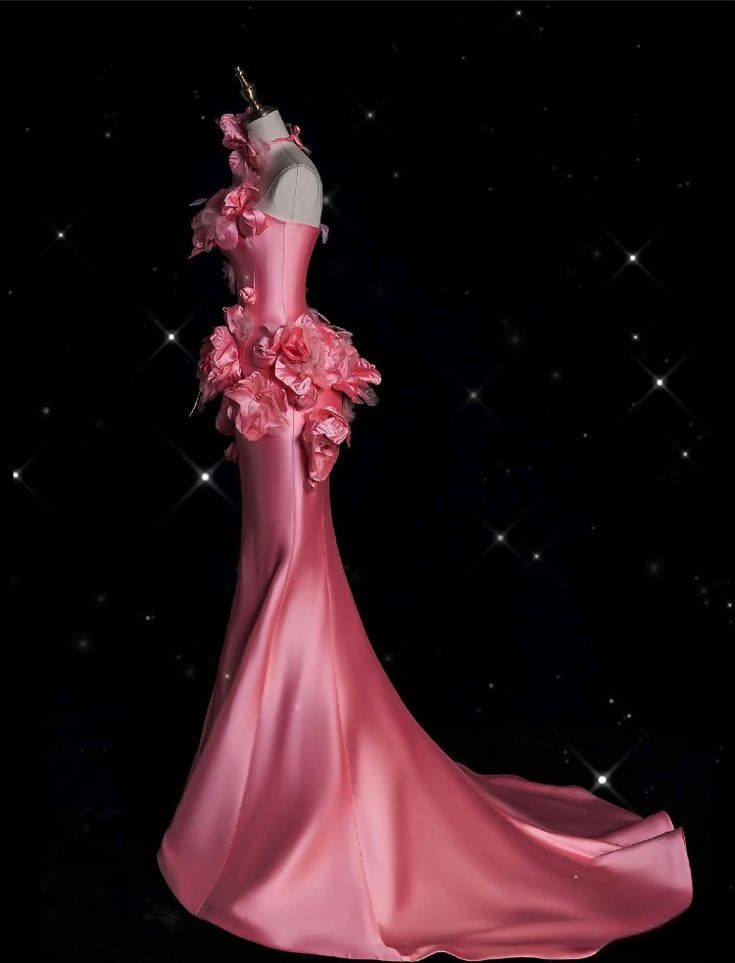 Pretty Pink Satin Mermaid Evening Dress,3D Flowers Long Party Prom Dress - View 4 | FashionDia