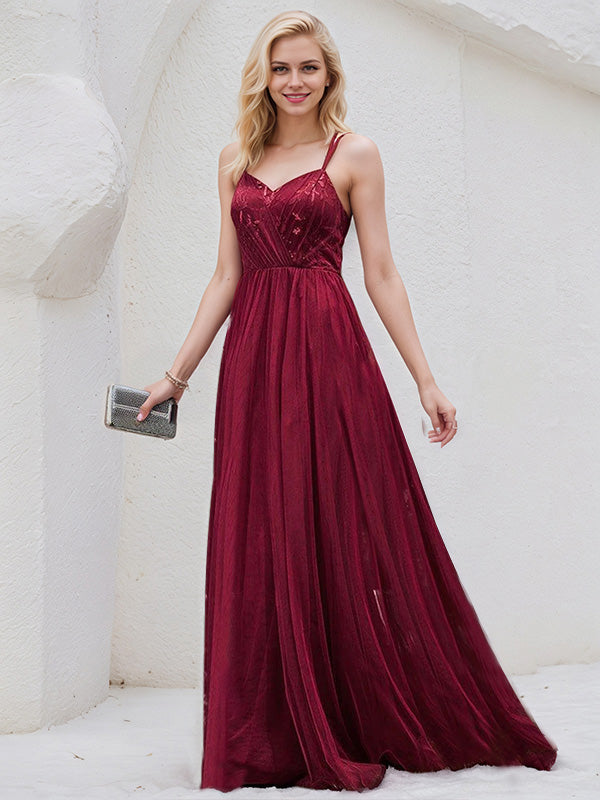 Burgundy Tulle A Line Spaghetti Straps Sleeveless Floor Length Bridesmaid Dress