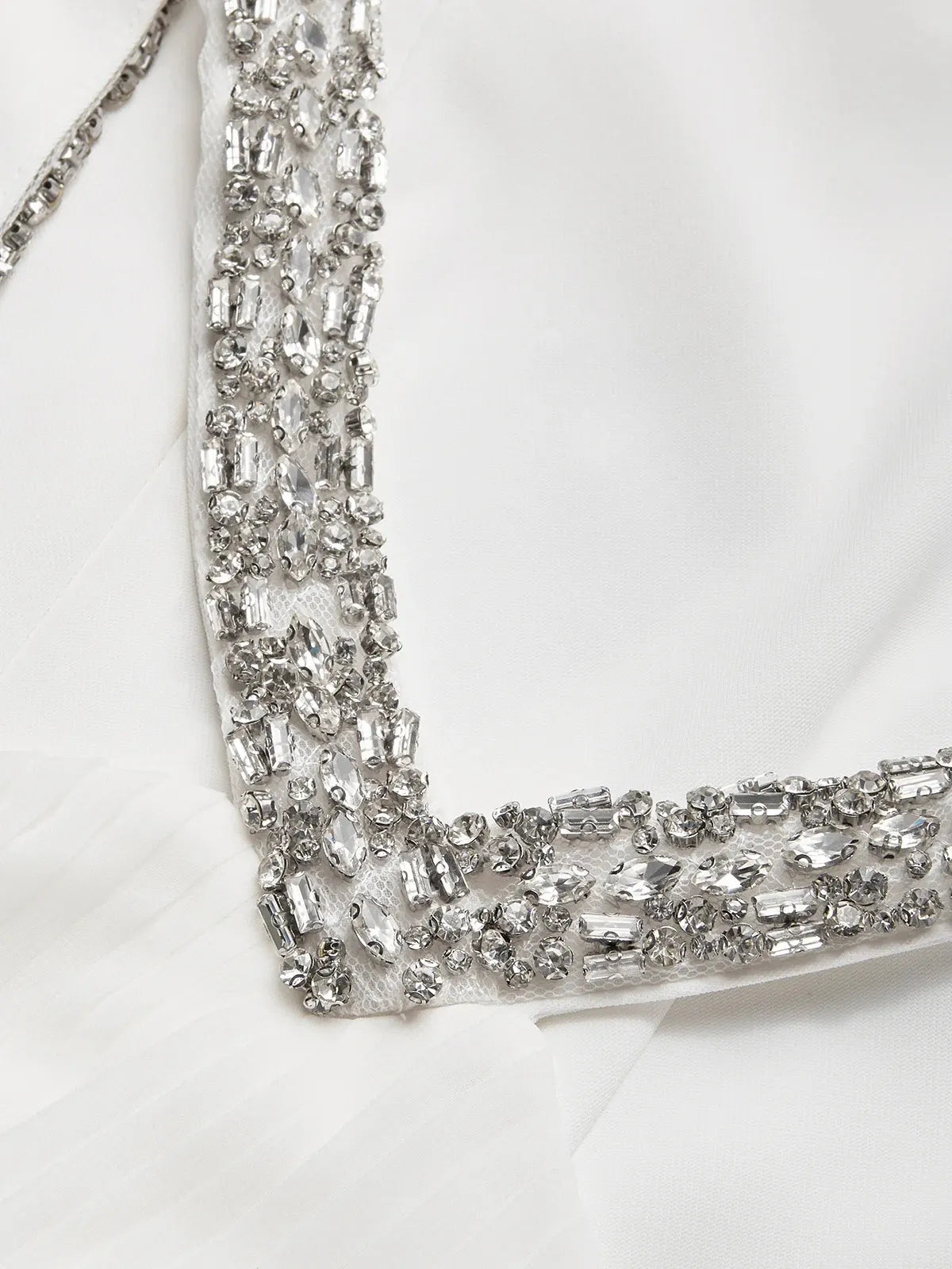 Women White Pleated Rhinestone Halter Sleeveless Dressy Jumpsuit - View 5 | FashionDia