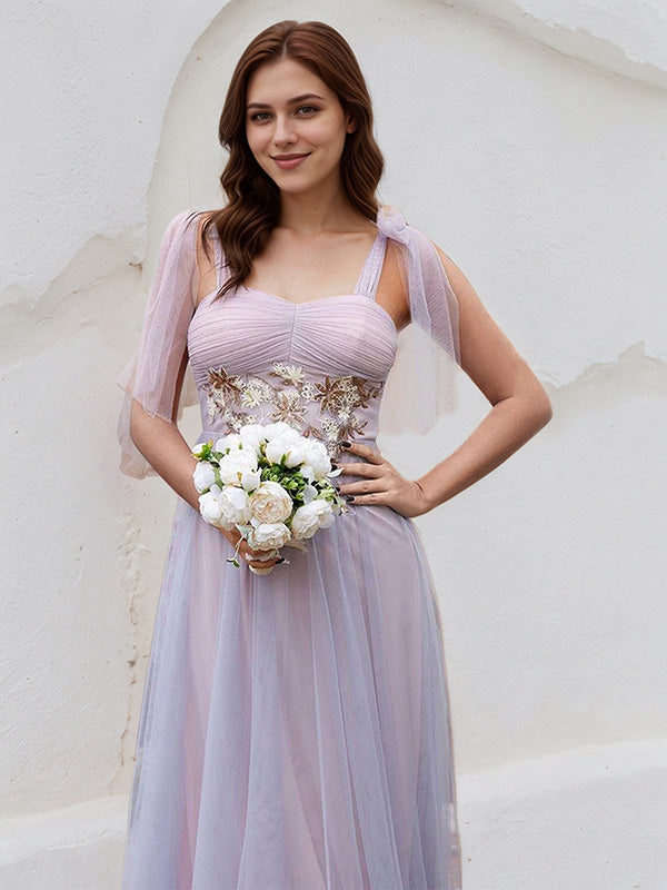 Pink Tulle A-Line Spaghetti Straps Sleeveless Floor-Length Bridesmaid Dress With Applique - View 5 | FashionDia