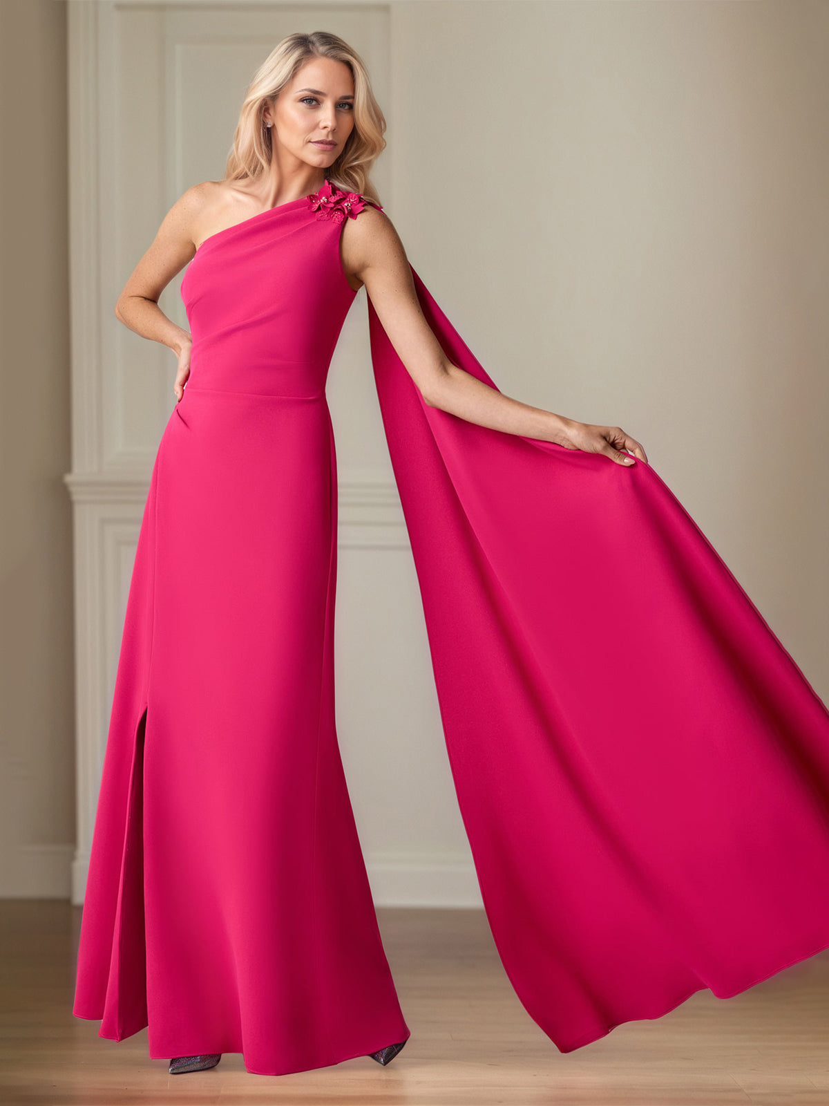 Lipstick Stretch Crepe Sheath/Column One Shoulder Floor Length Mother of the Bride Dresses