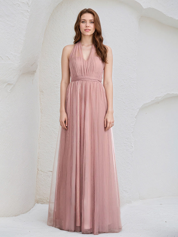 Dusty Rose A-Line Halter Neck Floor-Length Tulle Bridesmaid Dress