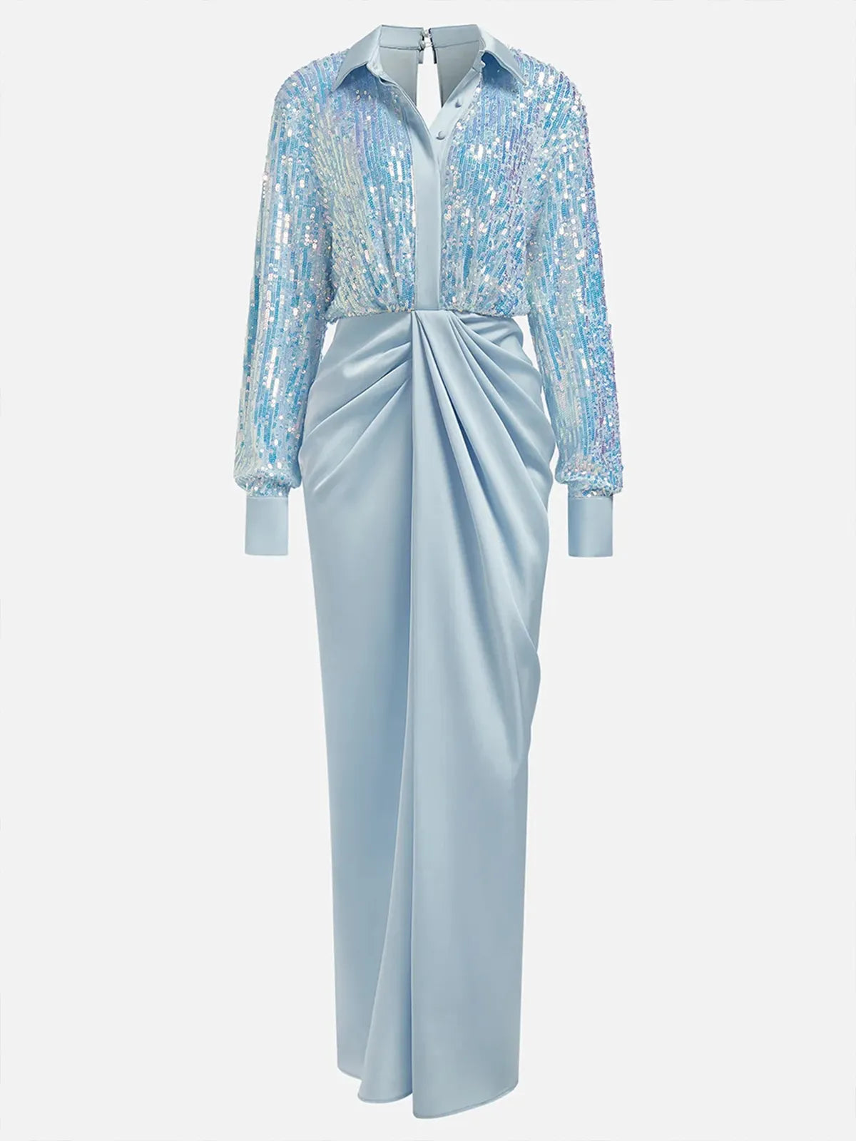 Blue Sequin Collared Long Sleeve Slit Sheath Maxi Dress - View 5 | FashionDia