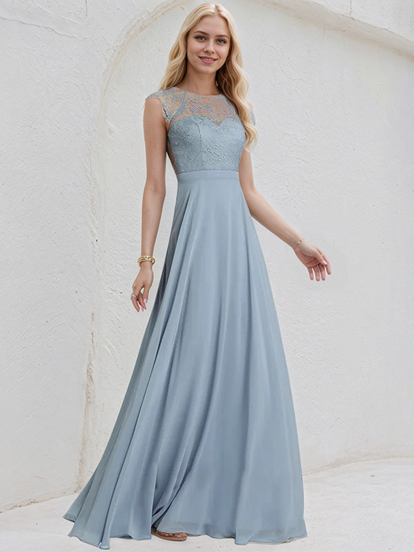 Dusty Blue Chiffon A Line Scoop Sleeveless Floor Length Bridesmaid Dress With Appliques