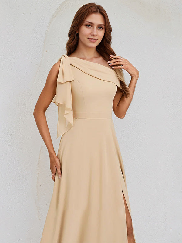 Champagne Chiffon A Line One Shoulder Sleeveless Floor Length Bridesmaid Dress