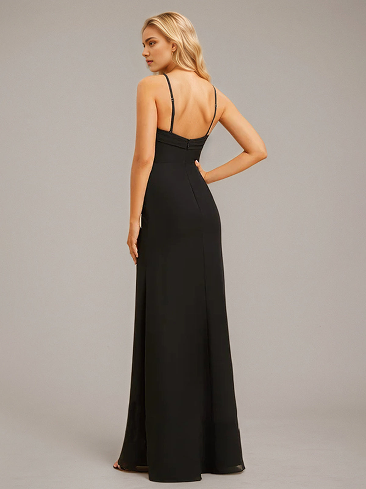 Black Stretch Crepe Sheath/Column Halter Floor-Length Chiffon Bridesmaid Dress