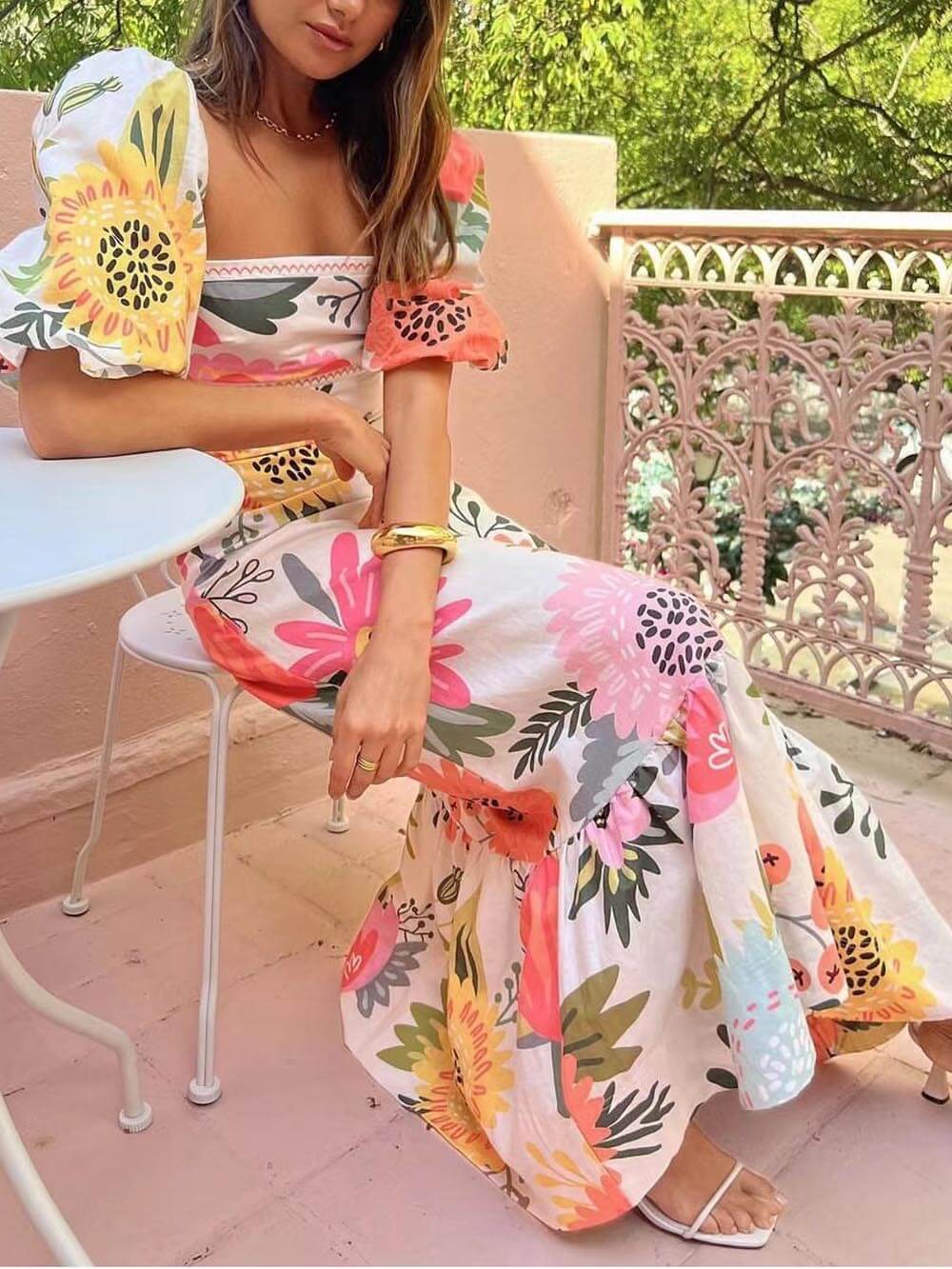 Julieta Boutique Floral Print Maxi Dress with Square Neckline and Puff Sleeves Chic Silhouette Collection