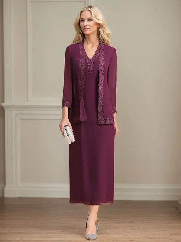 Sheath/Column Chiffon V Neck 3/4 Sleeves Tea Length Mother Of The Bride Dress
