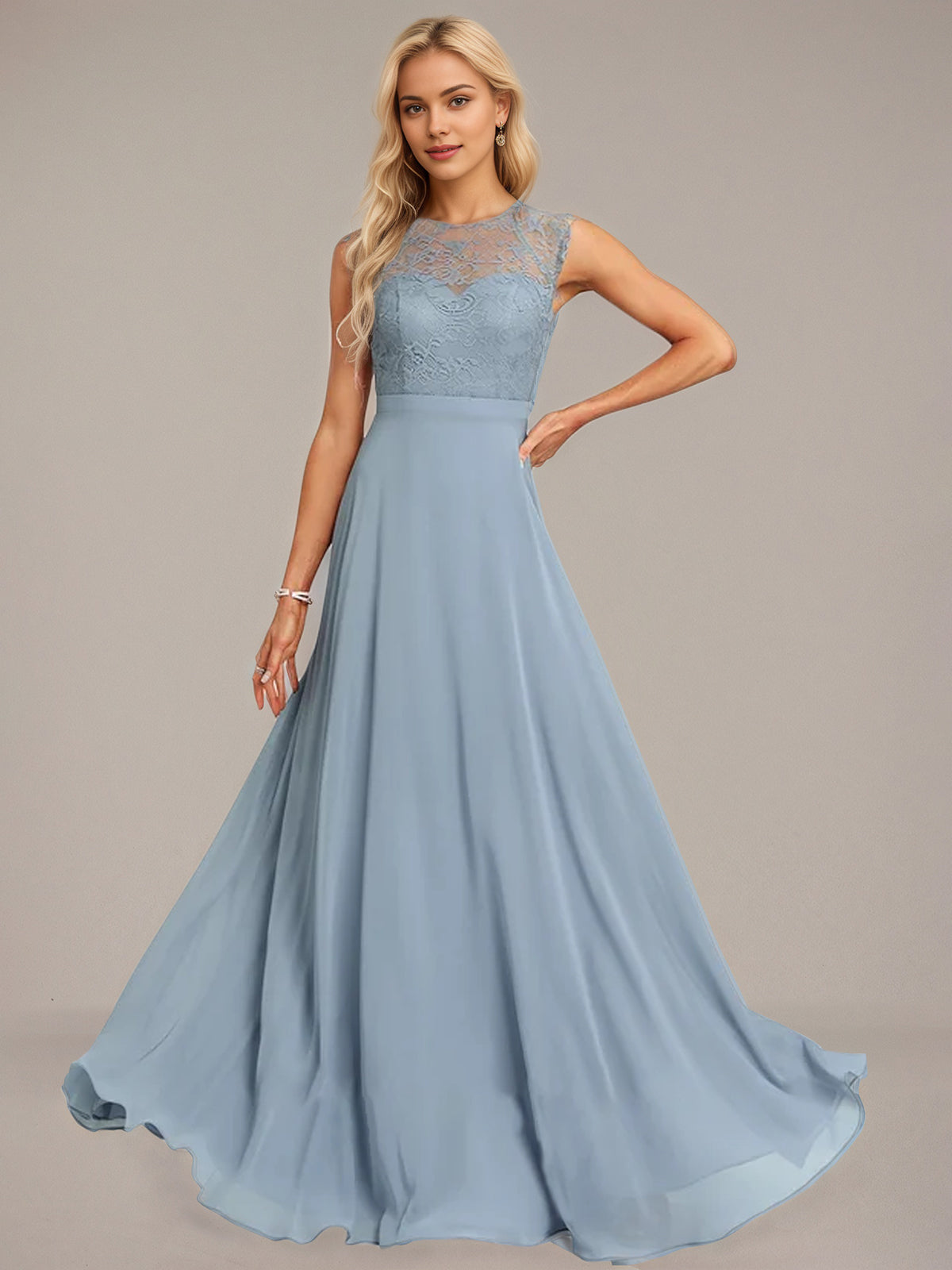 Dusty Blue A-Line Scoop Floor-Length Lace Chiffon Bridesmaid Dress