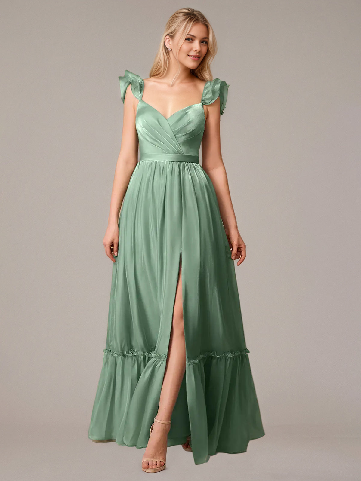Green A Line V Neck Sleeveless Floor Length Dresses With Ruffles